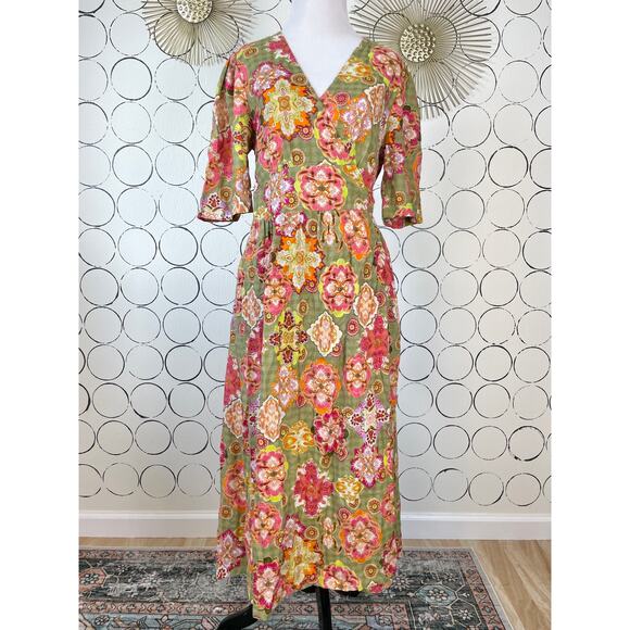 Floral Maxi Wrap Dress Womens 38 Green Pink Boho Cottage Feminine Puff Sleeve - Picture 1 of 15
